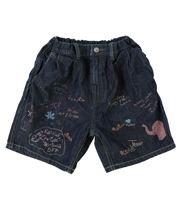 DENIM DUNGAREE　8OZ デニム ラクガキ ショートパンツ　ネイビー（105～125センチ）  22620623