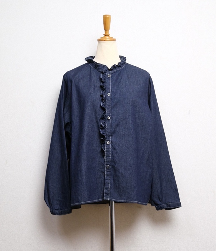 vent blanc　4.5OZ DENIM フリルシャツブラウス（インディゴ）VB263530