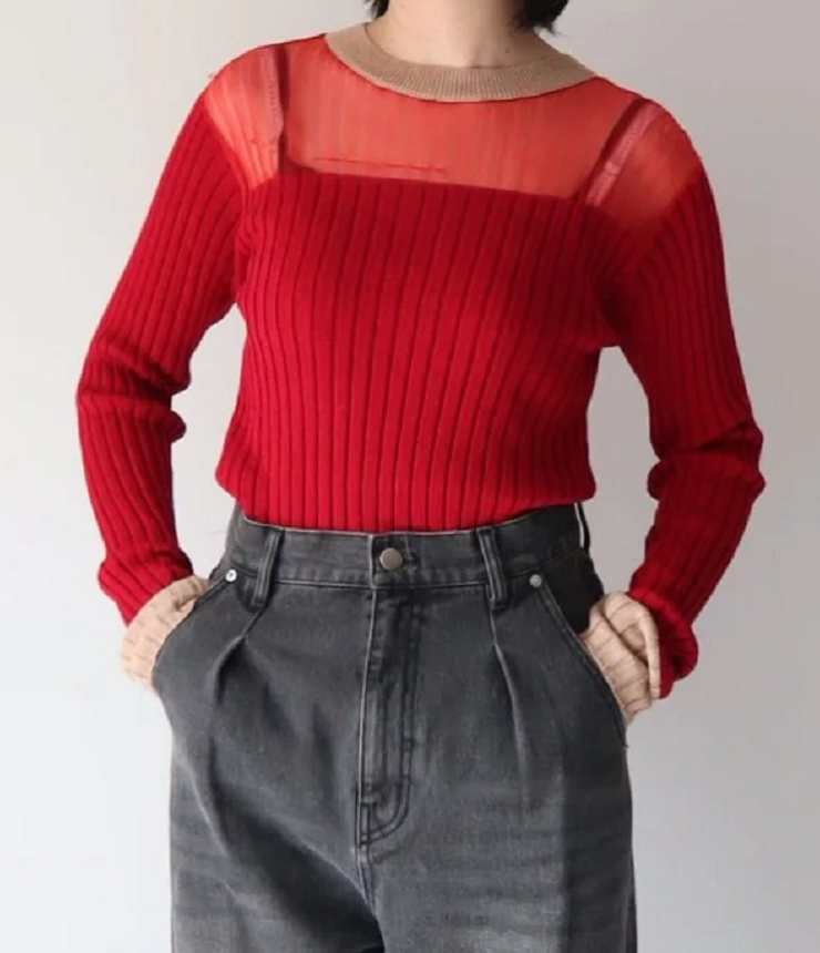 【40%OFF】Kittle.　配色リブ トップス（レッド）