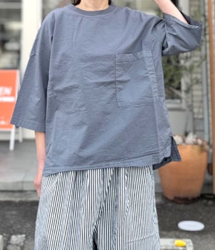 prit　スウェットライク ストレッチ ツイル 7分袖クルーネック ビッグポケット ワイドプルオーバー（チャコール） P91633