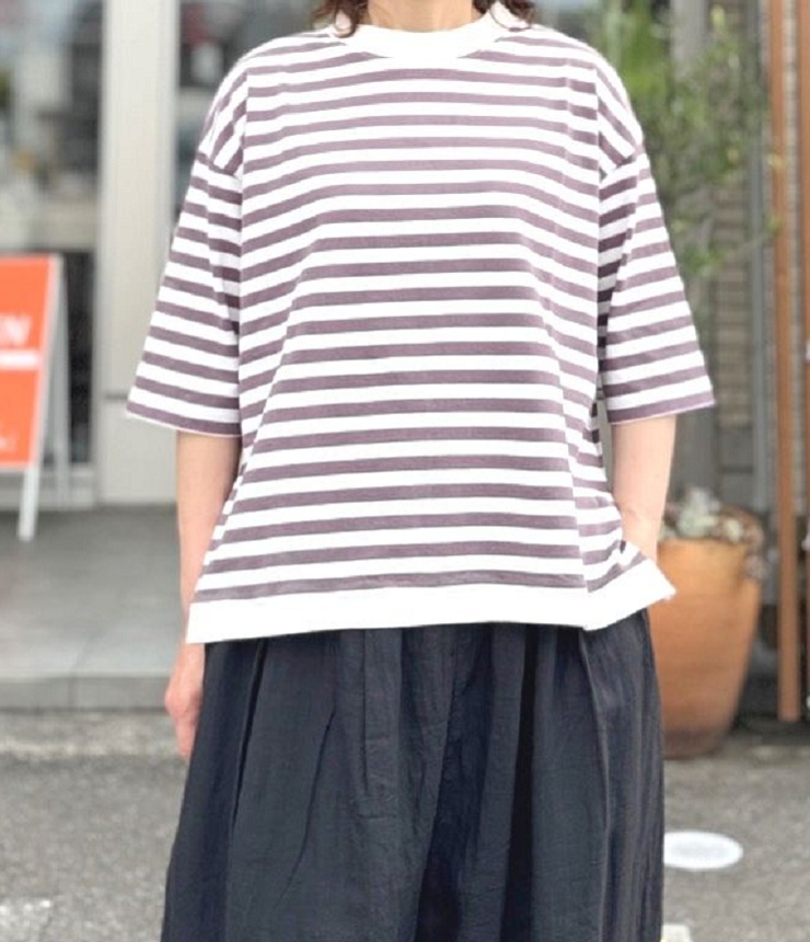 BLUE LAKE MARKET　アメリカンドライ天竺 サイドスリット ボーダー Tee（オフホワイト×ピンク） B-521038