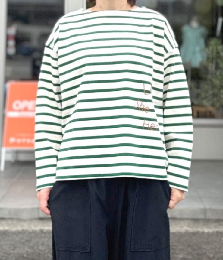 BLUE LAKE MARKET　デラウェボーダー 刺繍ボーダー  プルオーバー（エクリュ×グリーン） B-512024