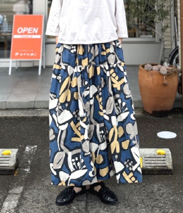 【40%OFF】toujours ensemble   綿麻枝柄プリント イージー ギャザー フレアースカート（ブルー） TJ2417 #chloro sister_toujours ensemble