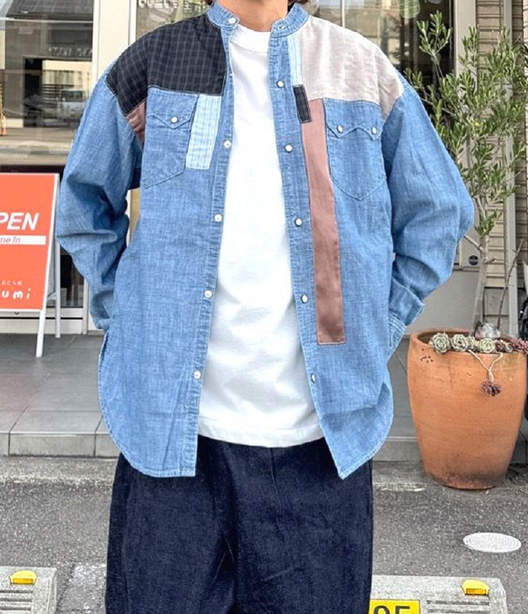 【40%OFF】DENIM DUNGAREE　ムラダンガリー ウエスタン ノーカラーシャツ　ブルー （レディース）　22580107