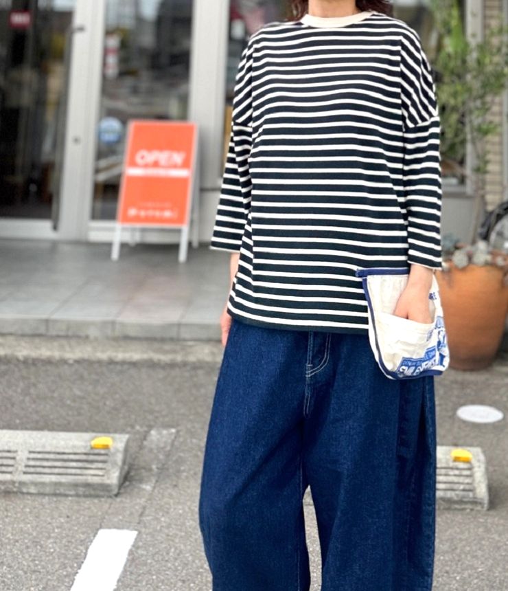 DENIM DUNGAREE　ボーダー天竺 エプロン付き L/S TEE　ホワイト（レディース）  22680429