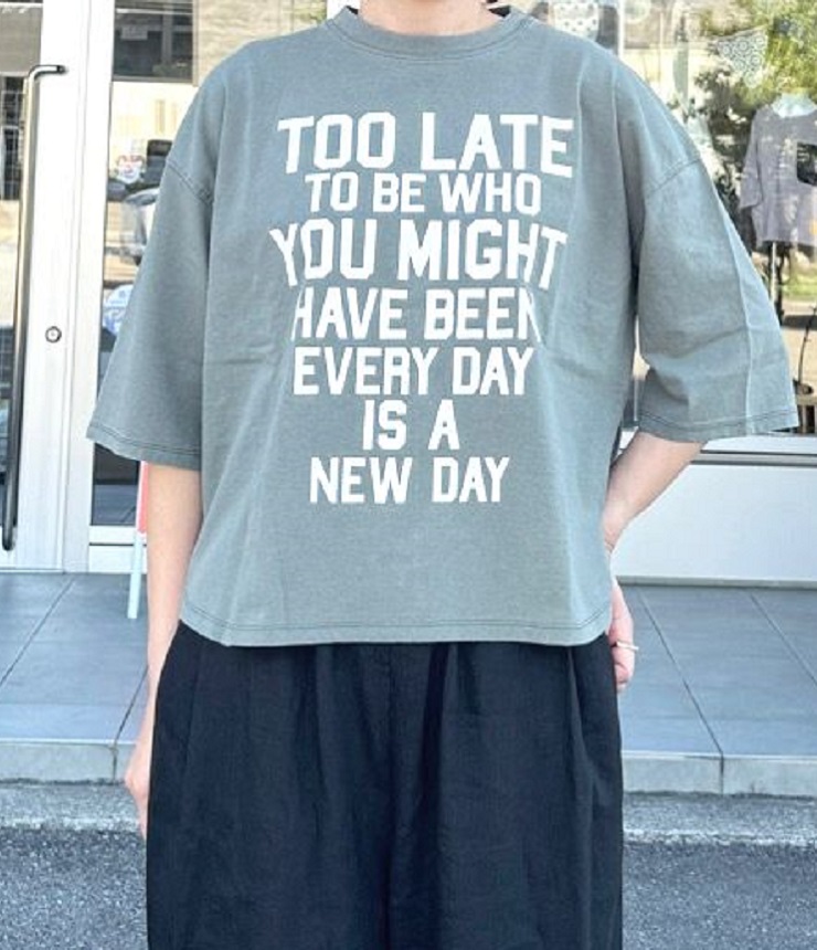 【40%OFF】BLUE LAKE MARKET　BDTOP度詰天竺 ヘムラウンド ハロ加工 プリントTee（カーキ） B-512002
