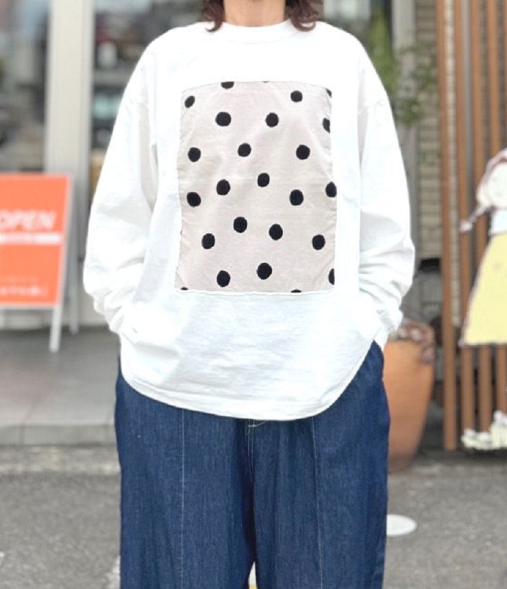 prit　17/1天竺×シャツコール ラフドットプリント ロングスリーブ フレーム Tシャツ（オフ×クロドット） P90715