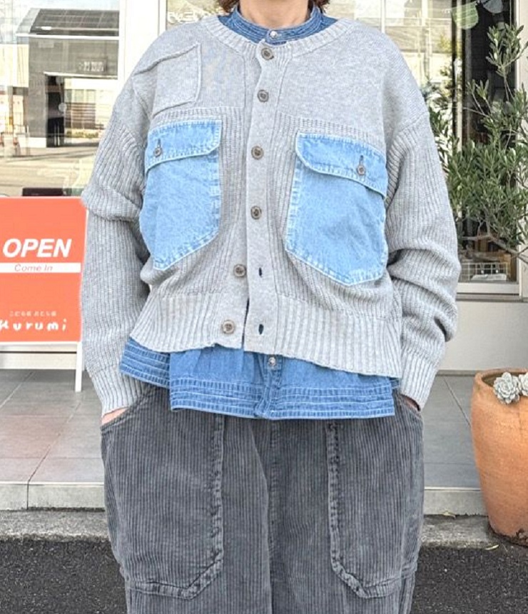 ESTROISLOSE　コットン片畦ニット デニムポケット ジャケット（グレー）EK25404