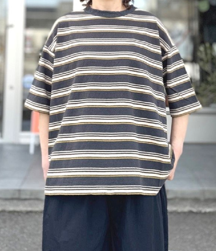 prit　19/1リサイクルムラ糸天竺 マルチボーダー  5分袖 クルーネック ワイドTシャツ（チャコール） P91631