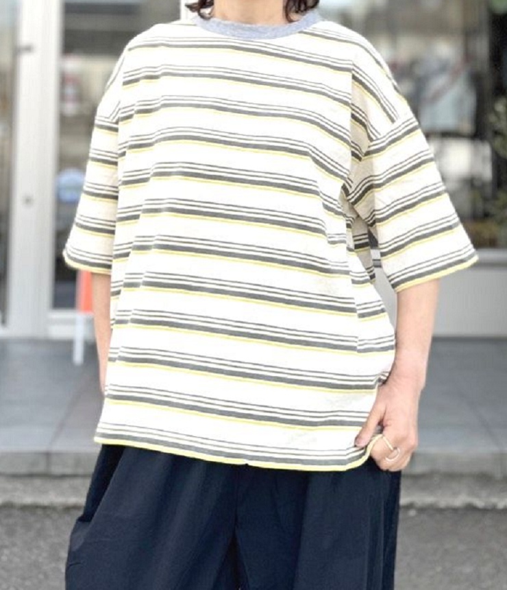 prit　19/1リサイクルムラ糸天竺 マルチボーダー  5分袖 クルーネック ワイドTシャツ（生成） P91631