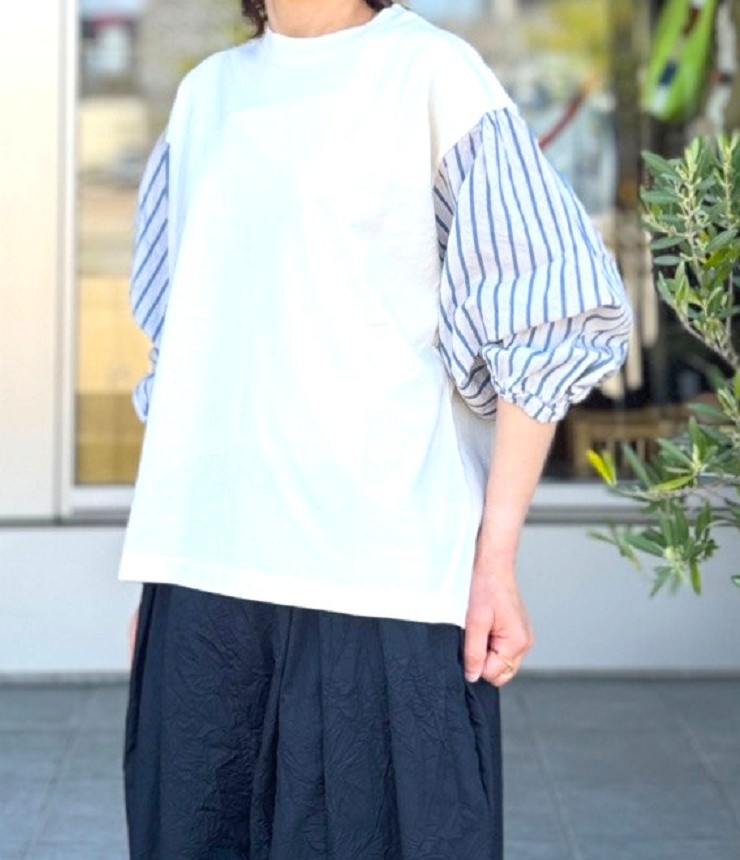 BLUE LAKE MARKET　ストライプ パフスリーブ Tee（アイボリー） B-521028