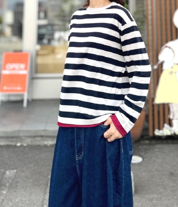 mao made　ロンTEE のように着れる レイヤード風 ボーダー プルオーバー（ライトグレー×ネイビー×ワインレッド）641104