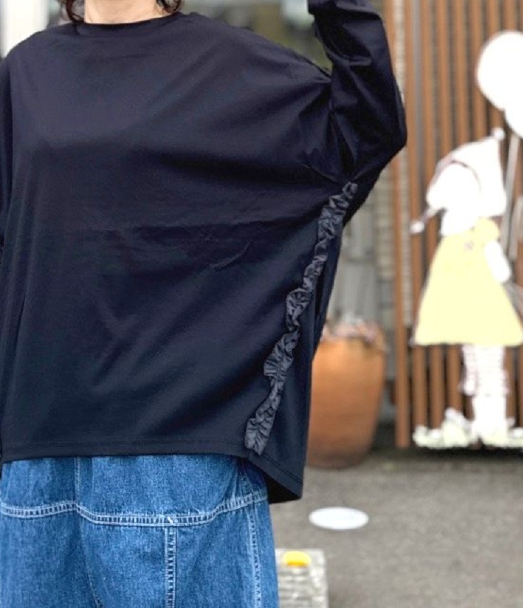 REHERSALL　コクーン フリル ロンTee（ブラック/グレー）  WT-1149