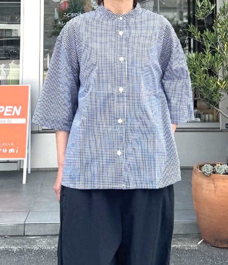 【40%OFF】BLUE LAKE MARKET　50/-ブロード ギンガム ヘムラウンドシャツ B-500015