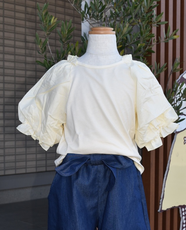 【70%OFF】WHIP CREAM　ボリューム５分袖トップス　アイボリー（110、120センチ） #WHIP CREAM_Creme Chantilly