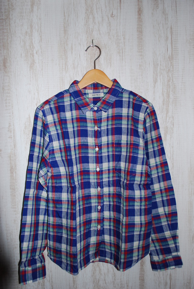 【70%OFF】DEEP BLUE　リネンチェック長袖シャツ（ブルー）