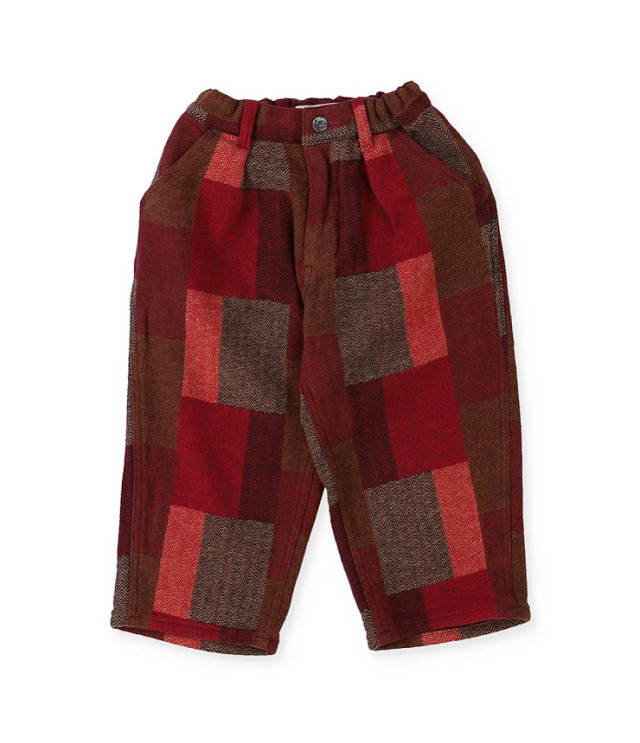 DENIM DUNGAREE 　パッチワーク 起毛 チェック パンツ　レッド（105～125センチ） 22580620