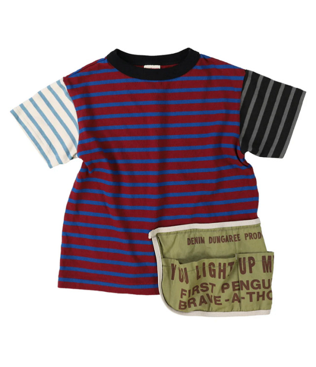 DENIM DUNGAREE　ボーダー 天竺 BARKYS  エプロン付き TEE　クレイジー1（135センチ）  22620433