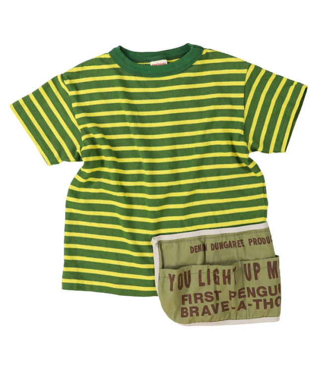 DENIM DUNGAREE　ボーダー 天竺 BARKYS  エプロン付き TEE　カーキ（105～125センチ）  22620433