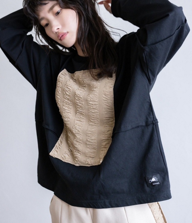 REHERSALL　シャーリング パネル ロンTEE（ブラック） WT-1132