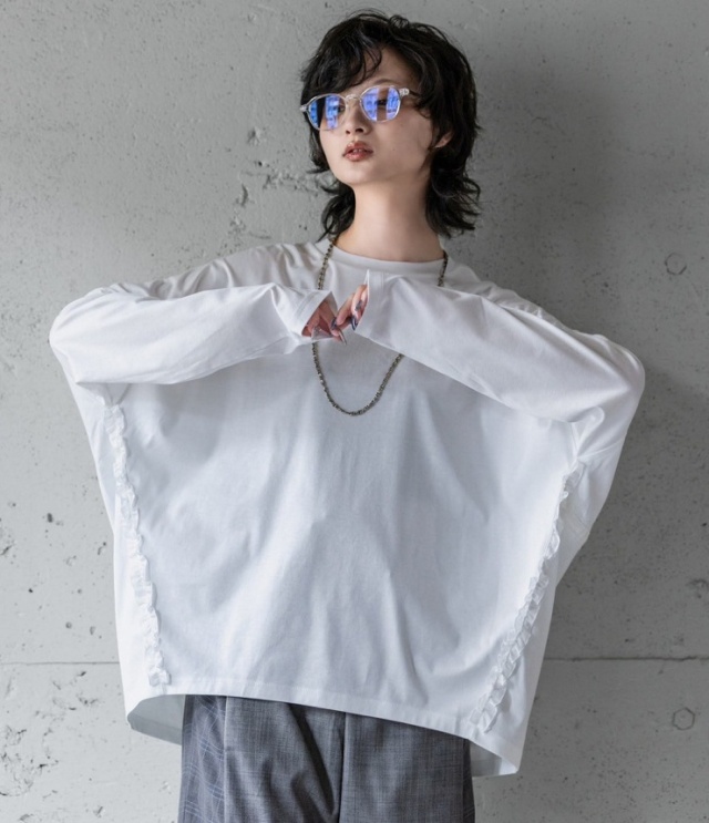 REHERSALL　コクーン フリル ロンTee（ホワイト/ホワイト）  WT-1149