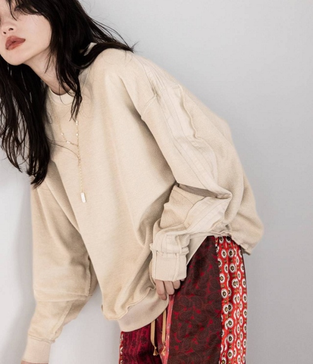 REHERSALL　パイルラインスリーブ スウェット（ベージュ） mate-280
