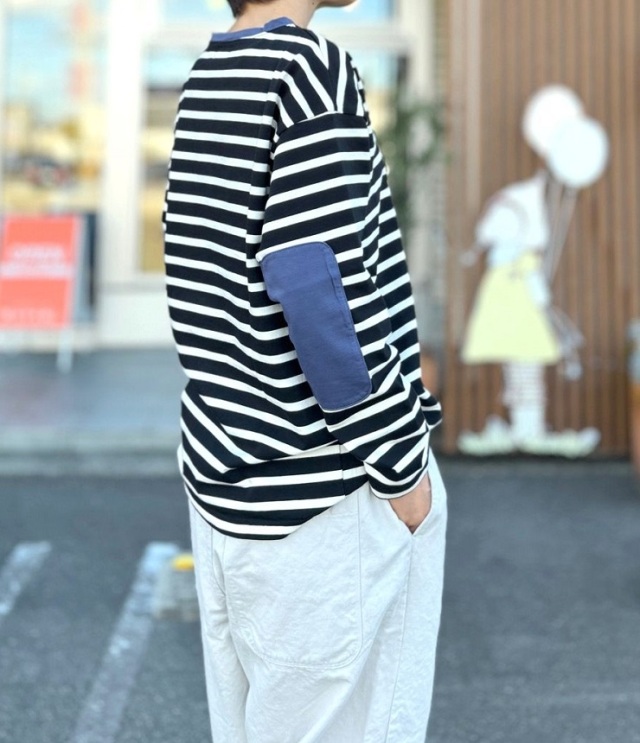 【40%OFF】BLUE LAKE MARKET　MSVボーダー バイカラー エルボーパッチ プルオーバー（ブラック×エクリュ）