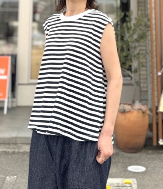 prit　30/1リサイクルムラ糸天竺ボーダー ノースリーブフレアプルオーバー（オフ） P92633