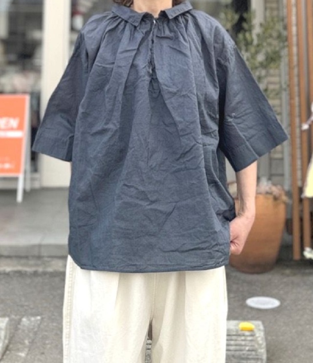 prit　30/1綿麻ローン 5分袖2wayギャザースモック（チャコール） P82608