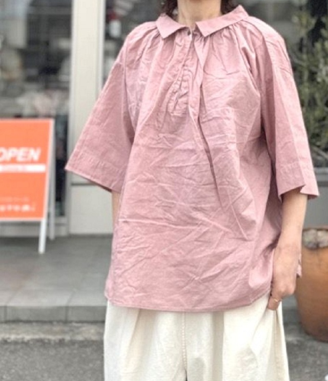 prit　30/1綿麻ローン 5分袖2wayギャザースモック（ダスティピンク） P82608