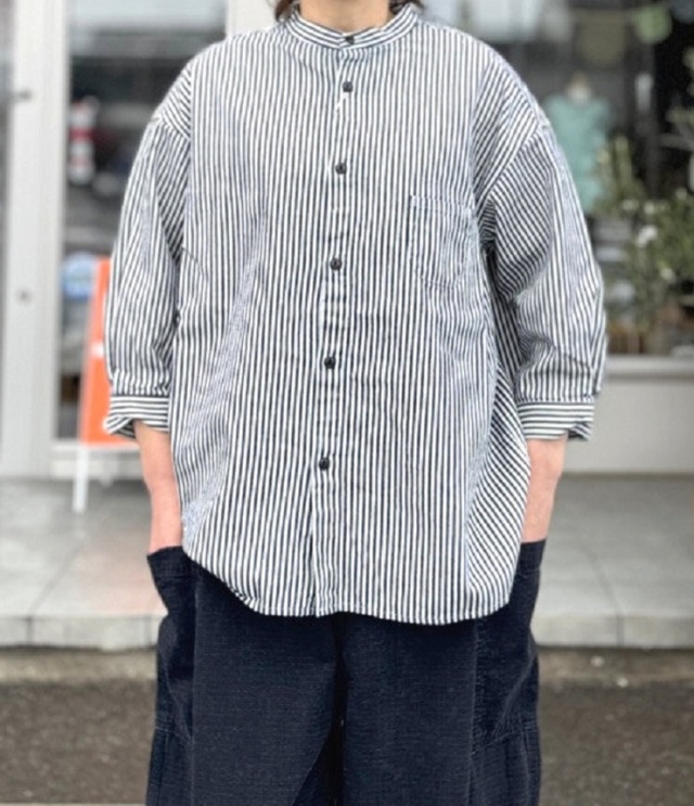 prit　8ozヒッコリーデニム 7分袖 スタンドカラーシャツ（生成×ネイビー） P81612
