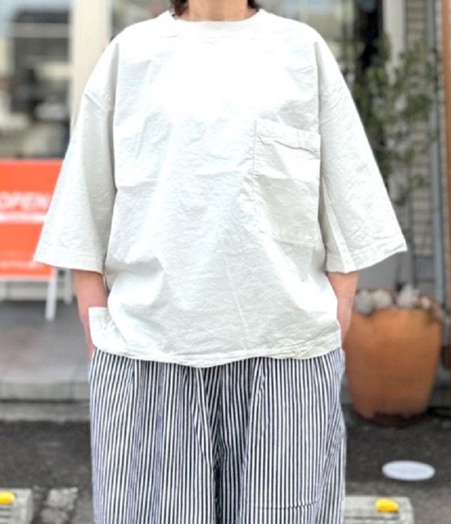 prit　スウェットライク ストレッチ ツイル 7分袖クルーネック ビッグポケット ワイドプルオーバー（パウダーベージュ） P91633