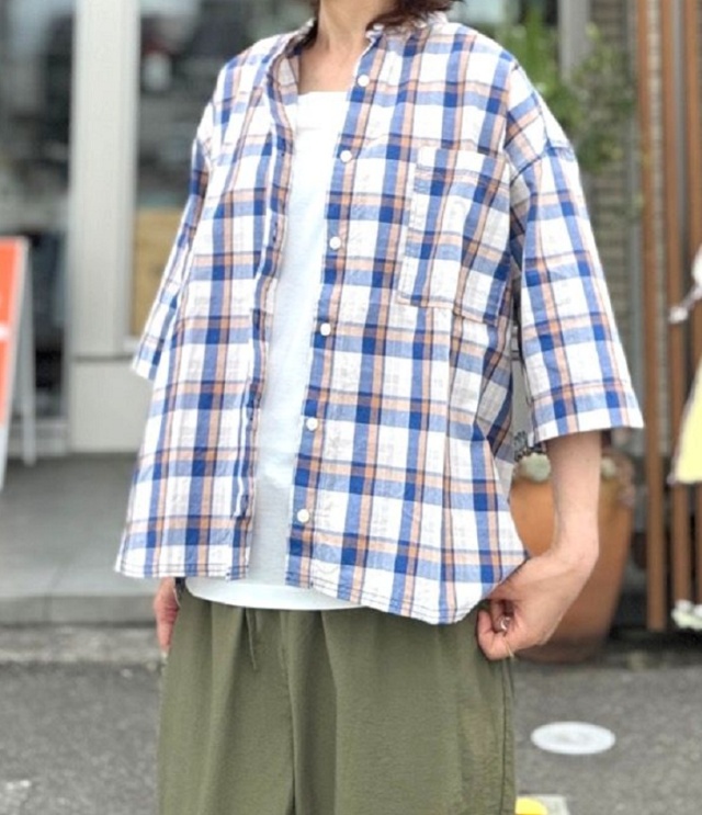 BLUE LAKE MARKET　60/2メランジチェック ヨーク切替 チェックシャツ（ブルー） B-520019