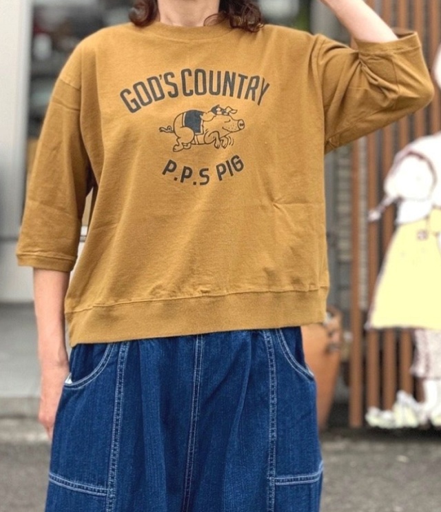 PACIFIC PARK STORE  17/1BD天竺 プリント リブ  Tee “GOD'S COUNTRY”（マスタード） PPS-28283  #PACIFIC PARK STORE_7th GATE
