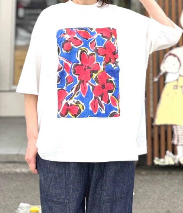 prit　40/2天竺×60/1ローンラフボタニカルプリント 5分袖フレーム Tシャツ（オフ） P92642
