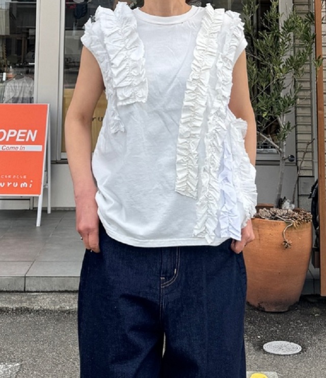 【30%OFF】Go To Hollywood　ビンテージ天竺 フリフリ ノースリーブ TEE　ホワイト（レディース） 32520403