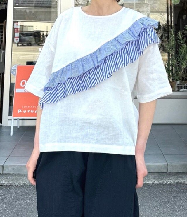 【30%OFF】mao made　ストライプ フリフリ フリル ブラウス（オフ） 521312