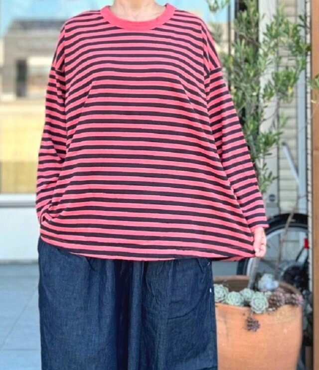 【40%OFF】prit　30/1リサイクルムラ糸天竺 ボーダー フレアプルオーバー（コーラル）