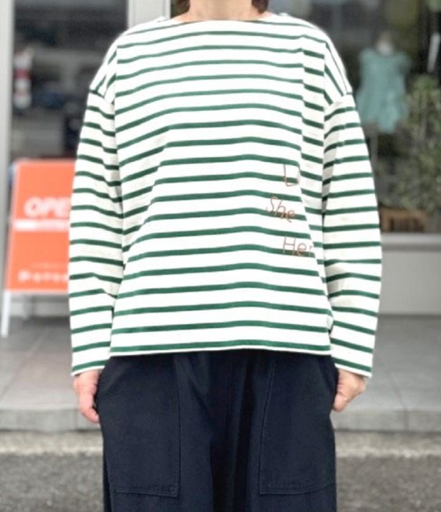 BLUE LAKE MARKET　デラウェボーダー 刺繍ボーダー  プルオーバー（エクリュ×グリーン） B-512024