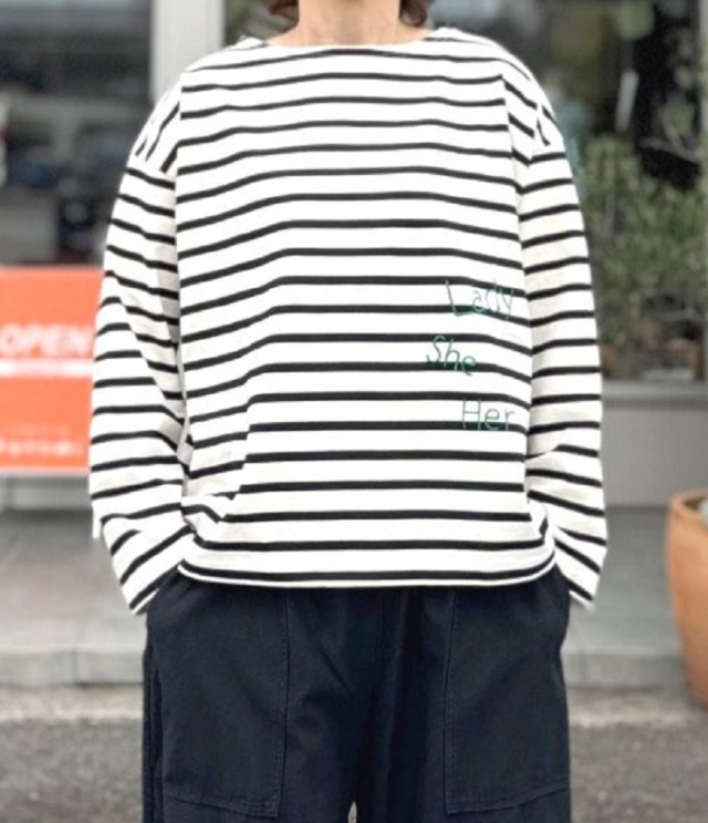 BLUE LAKE MARKET　デラウェボーダー 刺繍ボーダー  プルオーバー（エクリュ×ブラック） B-512024