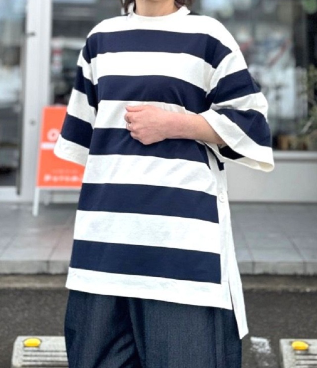 euphoric　Border Slit Tee ボーダースリットTシャツ（オフ×ネイビー） EU-CT5403