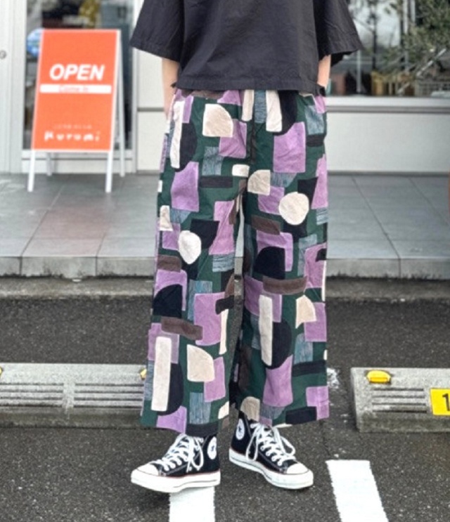 prit　40/1ブロード コラージュプリント ワイドパンツ（グリーン） P71621