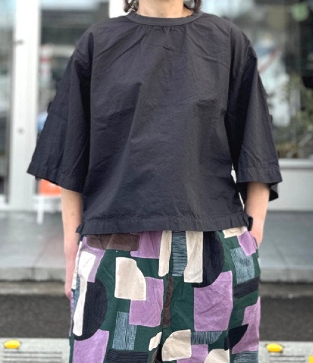 prit　47/2サイロプレミアム天竺 × 50/1ブロード 切替 5分袖 ビッグスリーブ Tシャツ（スミクロ） P91637
