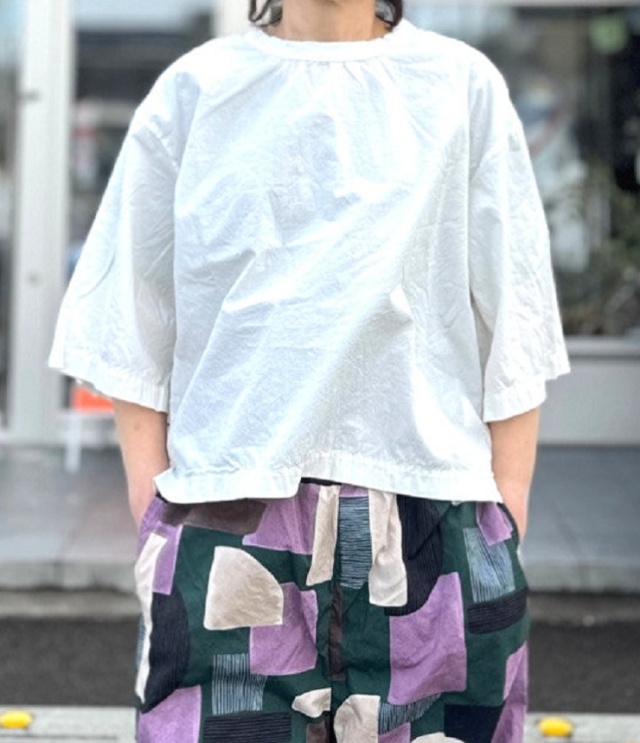 prit　47/2サイロプレミアム天竺 × 50/1ブロード 切替 5分袖 ビッグスリーブ Tシャツ（アッシュホワイト） P91637