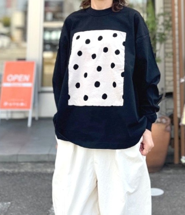 prit　17/1天竺×シャツコール ラフドットプリント ロングスリーブ フレーム Tシャツ（クロ×クロドット） P90715
