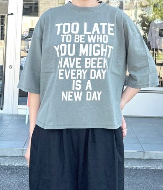 【30%OFF】BLUE LAKE MARKET　BDTOP度詰天竺 ヘムラウンド ハロ加工 プリントTee（カーキ） B-512002