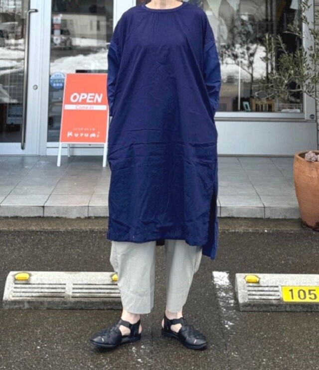 【40%OFF】prit　47/2サイロプレミアム天竺×50/1ブロード 切替 7分袖スリットワンピース（ネイビー） P91535