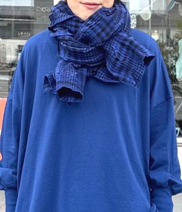 prit ウールコットンチェック ストール(ブルー) P00640