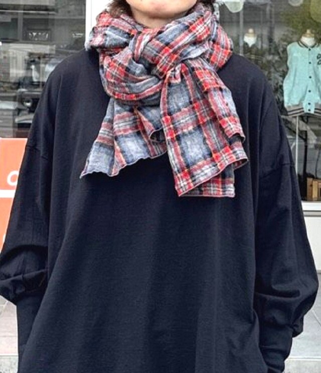 prit ウールコットンチェック ストール(グレー) P00640