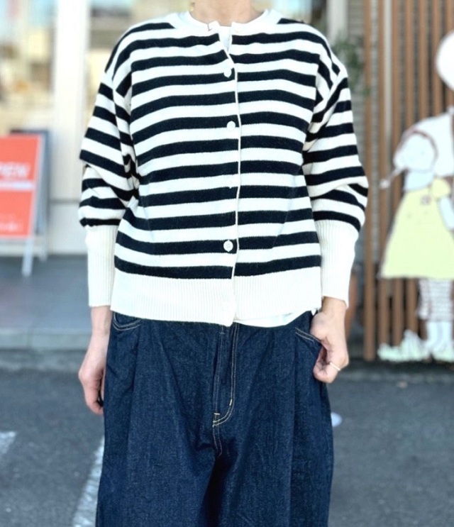 【40%OFF】mao made　2WAY しましま ボリュームスリーブ プルオーバー（オフ×ブラック）